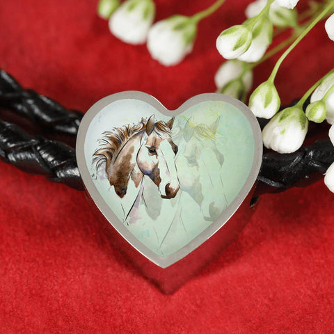 American Paint Horse Watercolor Art Print Heart Charm Leather Woven Bracelet-Free Shipping