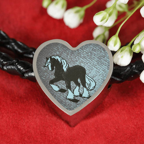Clydesdale Horse Print Heart Charm Leather Bracelet-Free Shipping
