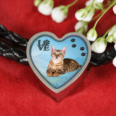 Toyger Cat Print Heart Charm Leather Woven Bracelet-Free Shipping