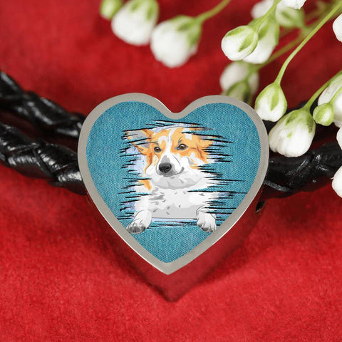 Pembroke Welsh Corgi Dog Art Print Heart Charm Leather Woven Bracelet-Free Shipping