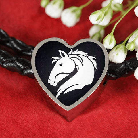 Friesian Horse Vector Art Print Heart Charm Leather Woven Bracelet-Free Shipping