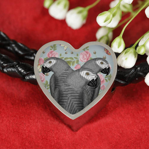African Grey Parrot Print Heart Charm Leather Bracelet-Free Shipping
