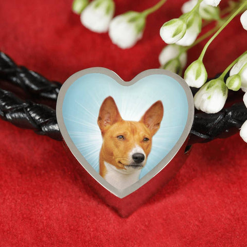 Basenji Dog Print Heart Charm Leather Bracelet-Free Shipping