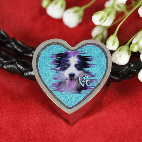 Border Collie Dog Art Print Heart Charm Leather Woven Bracelet-Free Shipping