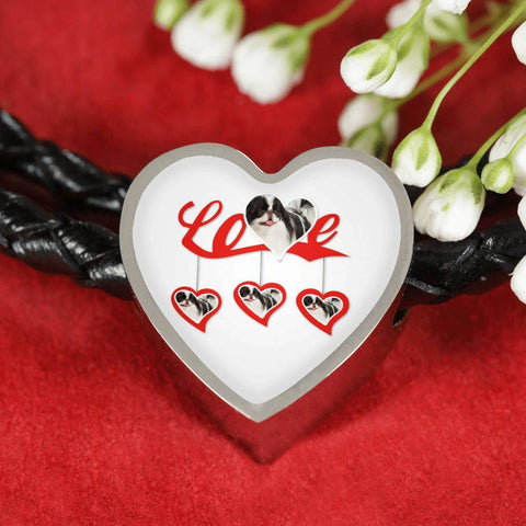 Japanese Chin Print heart Woven Leather Charm Bracelet-Free Shipping