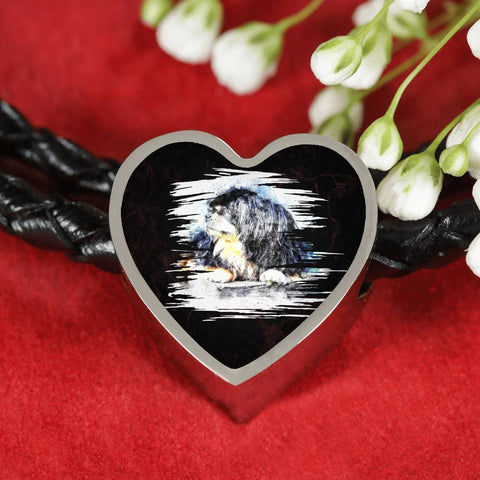 Tibetan Mastiff Dog Art Print Heart Charm Leather Woven Bracelet-Free Shipping