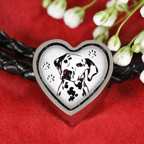 Dalmatian Dog Art Print Heart Charm Leather Woven Bracelet-Free Shipping
