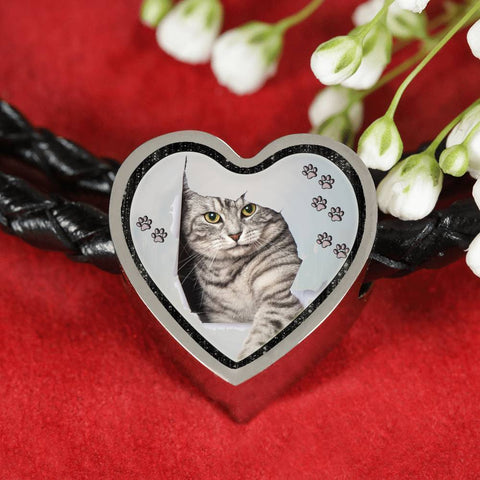 Charming Cat Art Print Heart Charm Leather Woven Bracelet-Free Shipping
