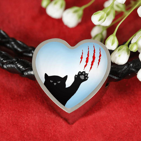 Cat Print Heart Charm Leather Bracelet-Free Shipping