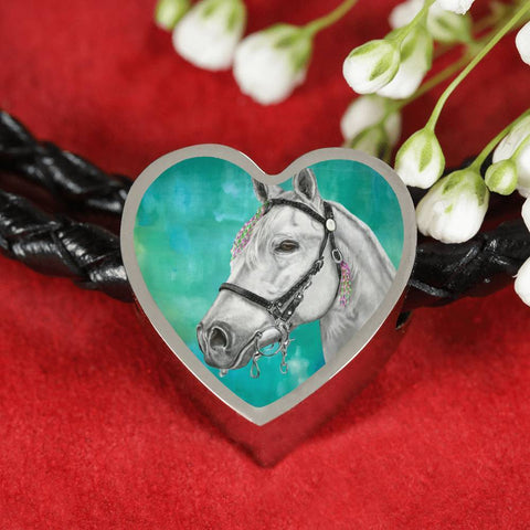 Andalusian Horse Watercolor Art Print Heart Charm Leather Woven Bracelet-Free Shipping