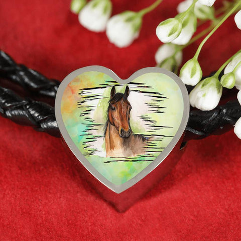 Thoroughbred Horse Art Print Heart Charm Leather Woven Bracelet-Free Shipping
