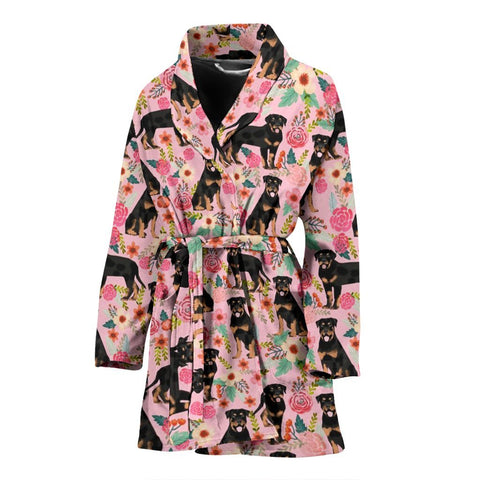 Rottweiler Dog Pink Floral Print Women's Bath Robe-Free Shipping