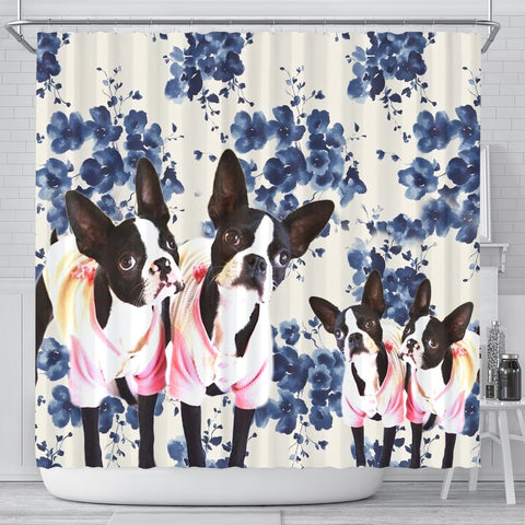 Boston Terrier Floral Print Shower Curtain-Free Shipping