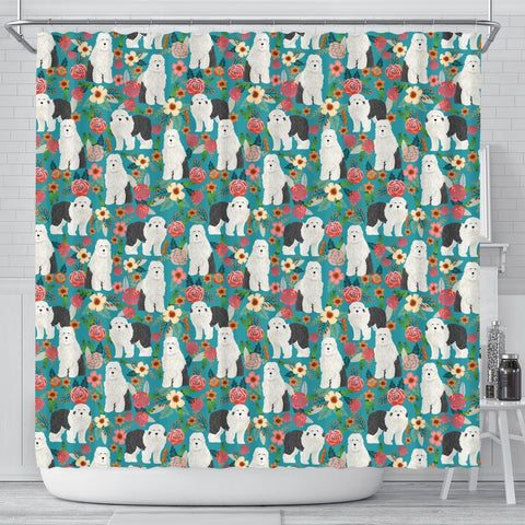 Old English Sheepdog Floral Print Shower Curtains-Free Shipping