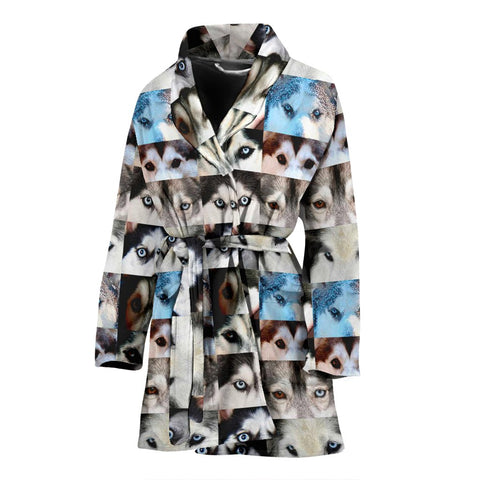 Siberian Husky Dog Eyes Pattern Print Women's Limited Edition Bath Robe-Free Shipping