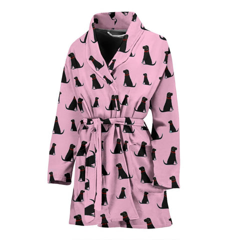 Black Labrador On Pink Print Women's Bath Robe-Free Shipping
