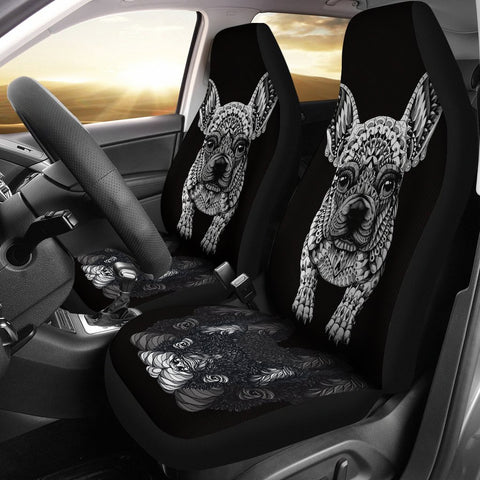 French Bulldog Art Print Black&White Car Seat Covers- Free Shipping