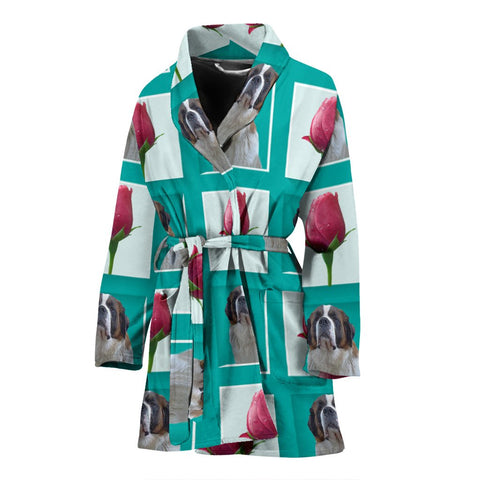 Saint Bernard Dog With Rose Patterns Print Women's Bath Robe-Free Shipping