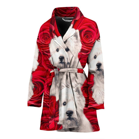 West Highland White Terrier On Rose Print Women's Bath Robe-Free Shipping