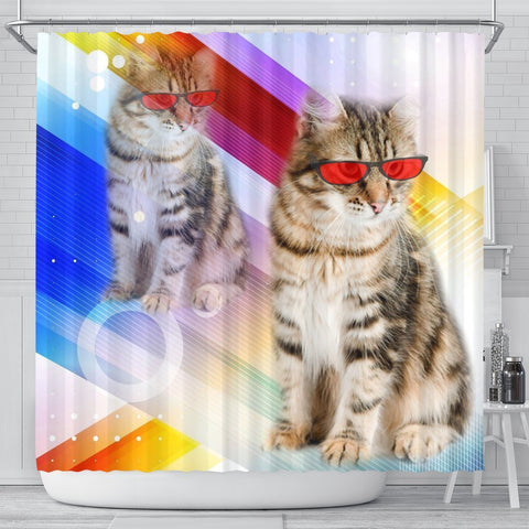 Siberian Cat Red Glasses Print Shower Curtain-Free Shipping